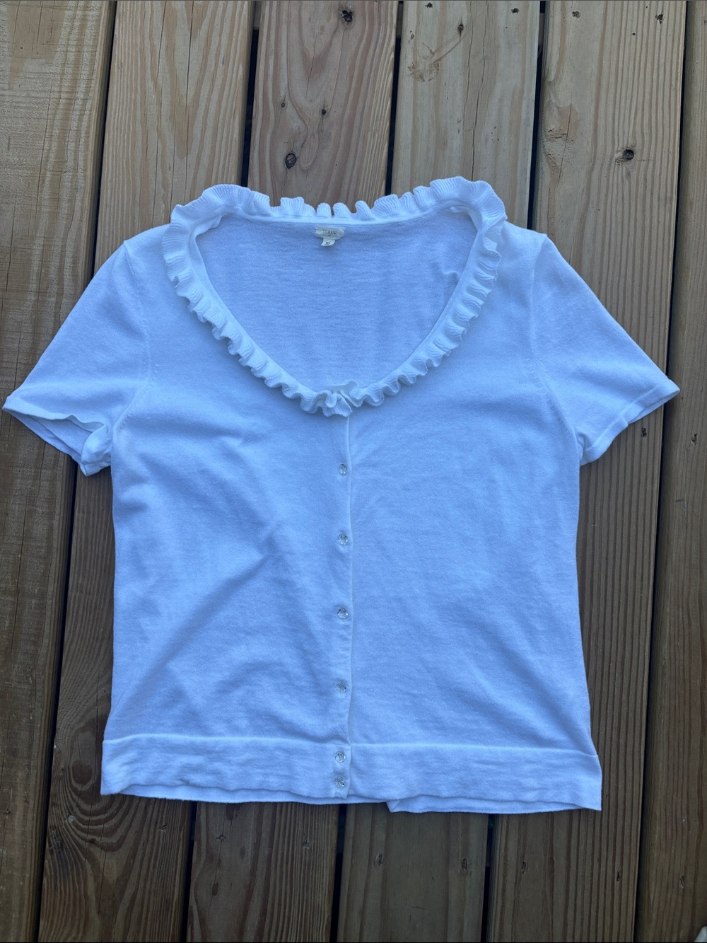 Vintage JCrew ruffled collar short sleeve cardigan XL with pretty buttons